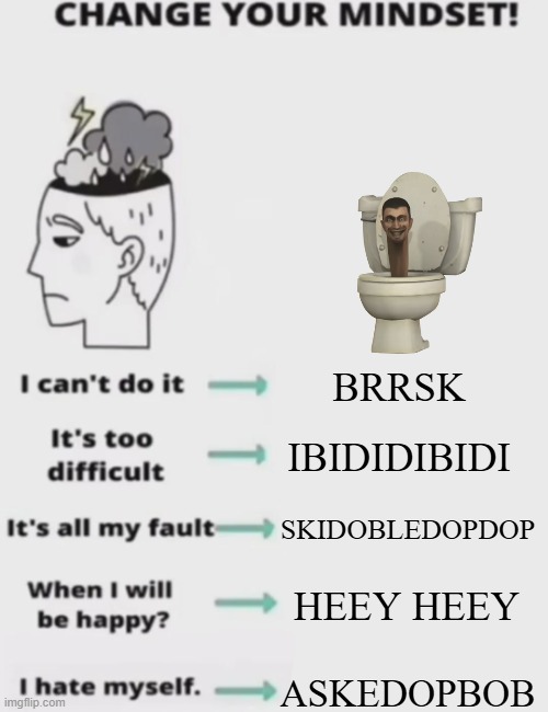skibidi | BRRSK; IBIDIDIBIDI; SKIDOBLEDOPDOP; HEEY HEEY; ASKEDOPBOB | image tagged in change your mindset | made w/ Imgflip meme maker