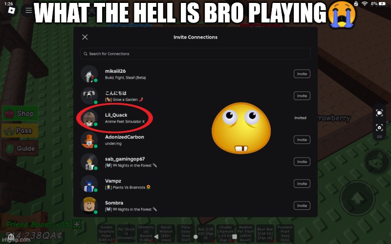 tf is anime feet simulator and why is there an X version of it | WHAT THE HELL IS BRO PLAYING😭 | image tagged in roblox | made w/ Imgflip meme maker