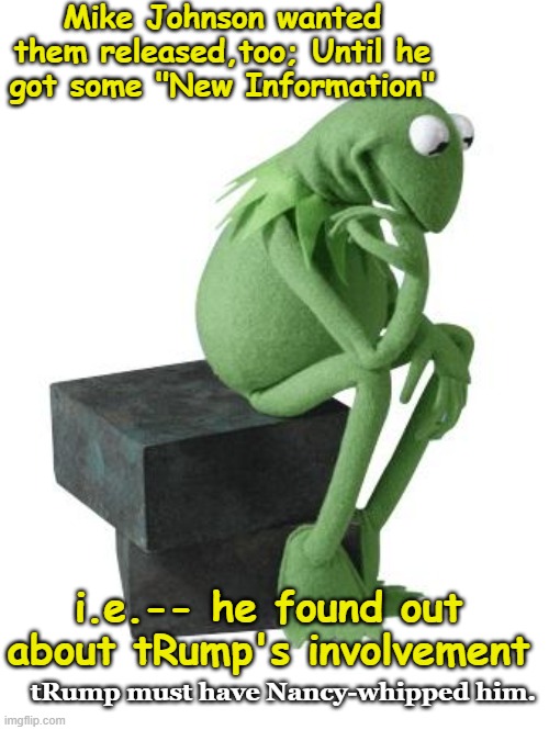 Mike Johnson wanted them released,too; Until he got some "New Information" tRump must have Nancy-whipped him. i.e.-- he found out about tRum | image tagged in philosophy kermit | made w/ Imgflip meme maker