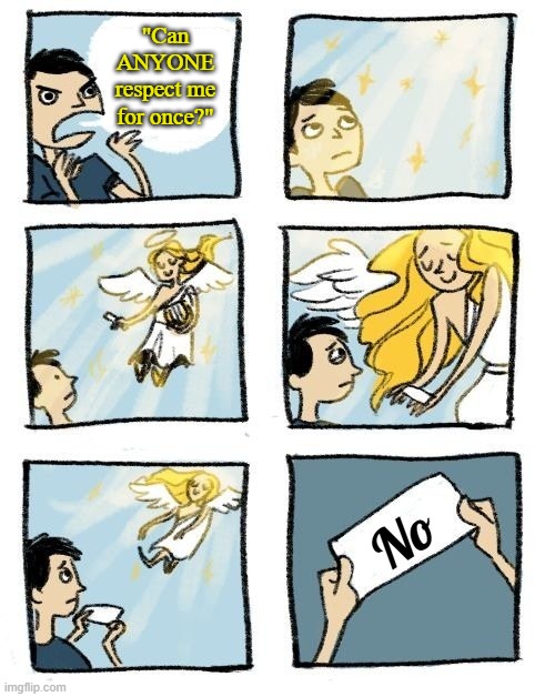 Message From Heaven | "Can ANYONE respect me for once?"; No | image tagged in message from heaven,no | made w/ Imgflip meme maker
