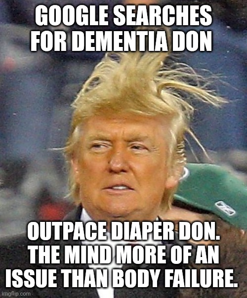 Mental decline is scary. Who's running the show? | GOOGLE SEARCHES FOR DEMENTIA DON; OUTPACE DIAPER DON. THE MIND MORE OF AN ISSUE THAN BODY FAILURE. | image tagged in donald trumph hair,dementia,dirty diaper,maga,impeach trump | made w/ Imgflip meme maker