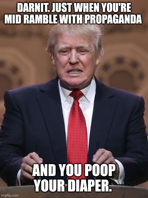Diaper Don is mentally incompetent and incontinent. | DARNIT. JUST WHEN YOU'RE MID RAMBLE WITH PROPAGANDA; AND YOU POOP YOUR DIAPER. | image tagged in donald trump,poop,dirty diaper,idiocy,ok boomer | made w/ Imgflip meme maker