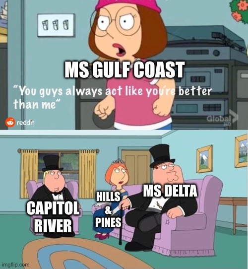 5 regions of Mississippi | MS GULF COAST; MS DELTA; HILLS
&
PINES; CAPITOL
RIVER | image tagged in you guys always act like you're better than me | made w/ Imgflip meme maker