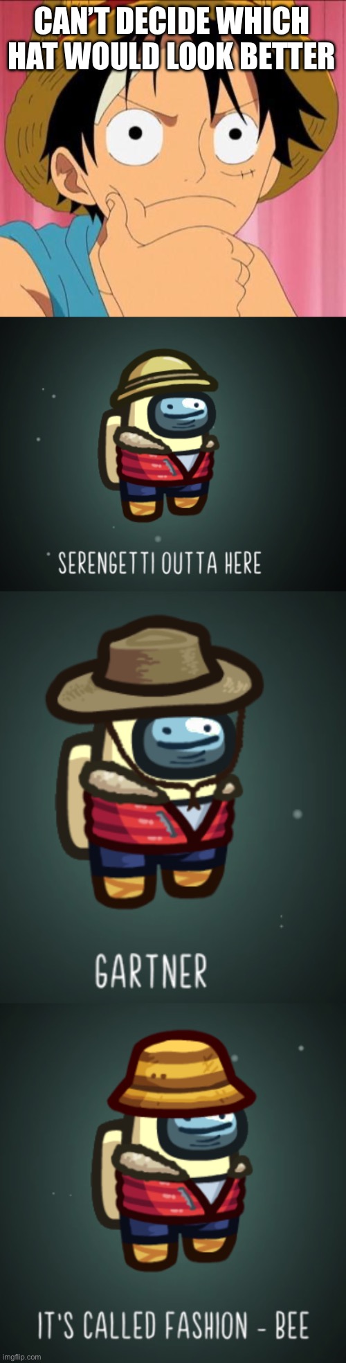 CAN’T DECIDE WHICH HAT WOULD LOOK BETTER | image tagged in luffy focused | made w/ Imgflip meme maker