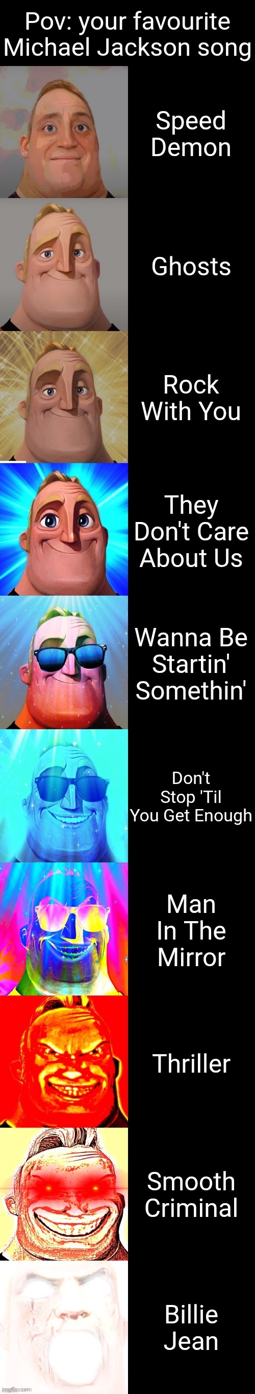 HEE HEE SHAMONE | Pov: your favourite Michael Jackson song; Speed Demon; Ghosts; Rock With You; They Don't Care About Us; Wanna Be Startin' Somethin'; Don't Stop 'Til You Get Enough; Man In The Mirror; Thriller; Smooth Criminal; Billie Jean | image tagged in mr incredible becoming canny | made w/ Imgflip meme maker