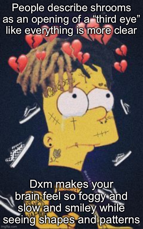 sad | People describe shrooms as an opening of a “third eye” like everything is more clear; Dxm makes your brain feel so foggy and slow and smiley while seeing shapes and patterns | image tagged in sad | made w/ Imgflip meme maker