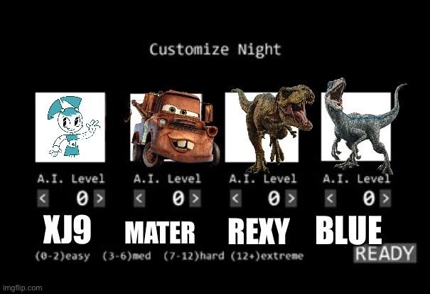 Fnaf custom night | BLUE; XJ9; MATER; REXY | image tagged in fnaf 1 custom night | made w/ Imgflip meme maker