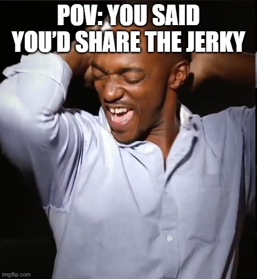 POV: you said you’d share the jerky | POV: YOU SAID YOU’D SHARE THE JERKY | image tagged in anthony mackie dancing | made w/ Imgflip meme maker