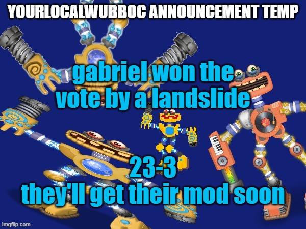 YourLocalWubboc Announcement Temp | gabriel won the vote by a landslide; 23-3
they'll get their mod soon | image tagged in yourlocalwubboc announcement temp | made w/ Imgflip meme maker