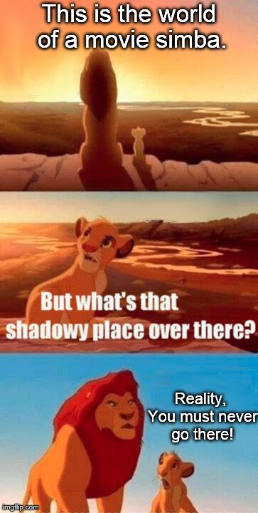 Simba Shadowy Place Meme | This is the world of a movie simba. Reality, You must never go there! | image tagged in memes,simba shadowy place | made w/ Imgflip meme maker