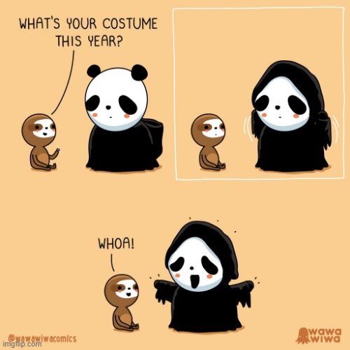 image tagged in sloth,panda,halloween,costume,scream,clever | made w/ Imgflip meme maker