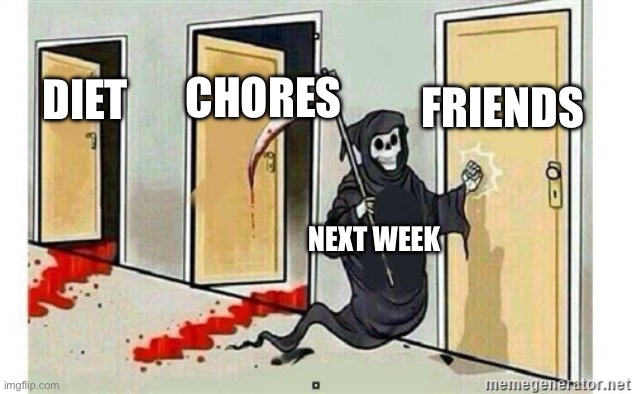 I’ll do it tommorooow | FRIENDS; CHORES; DIET; NEXT WEEK | image tagged in grim reaper knocking door | made w/ Imgflip meme maker