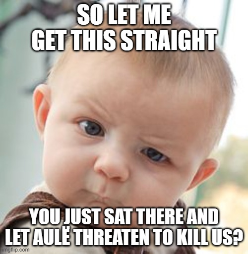 Skeptical Baby Meme | SO LET ME GET THIS STRAIGHT; YOU JUST SAT THERE AND LET AULË THREATEN TO KILL US? | image tagged in memes,skeptical baby | made w/ Imgflip meme maker
