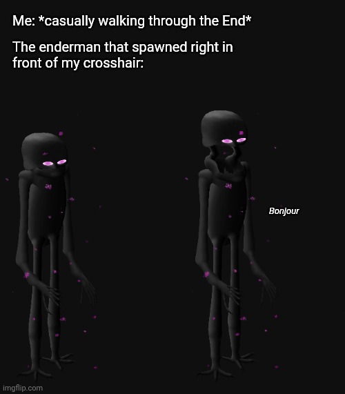 Hello there | Me: *casually walking through the End*; The enderman that spawned right in     
front of my crosshair:; Bonjour | image tagged in enderman,fanart,minecraft,bonjour bear | made w/ Imgflip meme maker