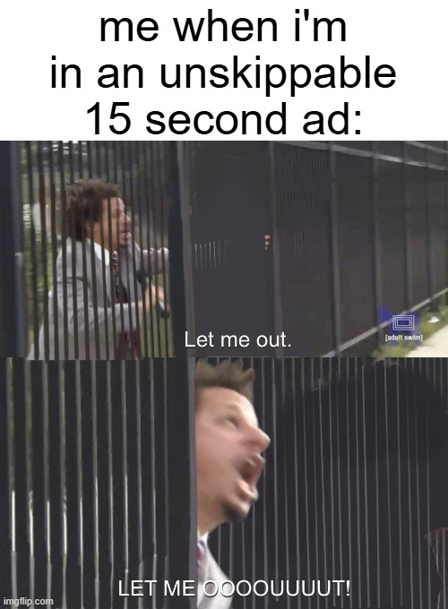 THERE'S ENOUGH TIME TO SKIP, SO WHY CAN'T I!? | me when i'm in an unskippable 15 second ad: | image tagged in let me out | made w/ Imgflip meme maker