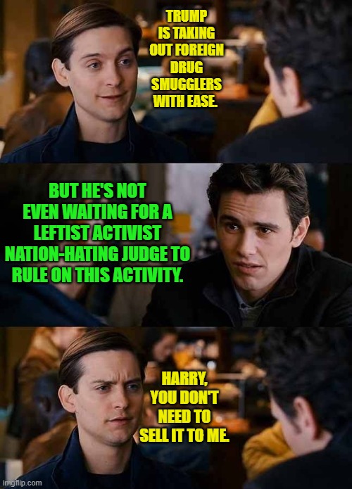 Just where IS the traditional nation-hating leftist activist judge in this operation? | TRUMP IS TAKING OUT FOREIGN DRUG SMUGGLERS WITH EASE. BUT HE'S NOT EVEN WAITING FOR A LEFTIST ACTIVIST NATION-HATING JUDGE TO RULE ON THIS ACTIVITY. HARRY, YOU DON'T NEED TO SELL IT TO ME. | image tagged in harry you don't need to sell it to me | made w/ Imgflip meme maker
