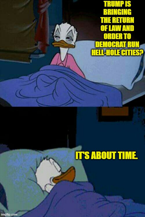 Look at how ANGRY leftists are getting as Trump reigns in their violent radicals. | TRUMP IS BRINGING THE RETURN OF LAW AND ORDER TO DEMOCRAT RUN HELL-HOLE CITIES? IT'S ABOUT TIME. | image tagged in sleepy donald duck in bed | made w/ Imgflip meme maker