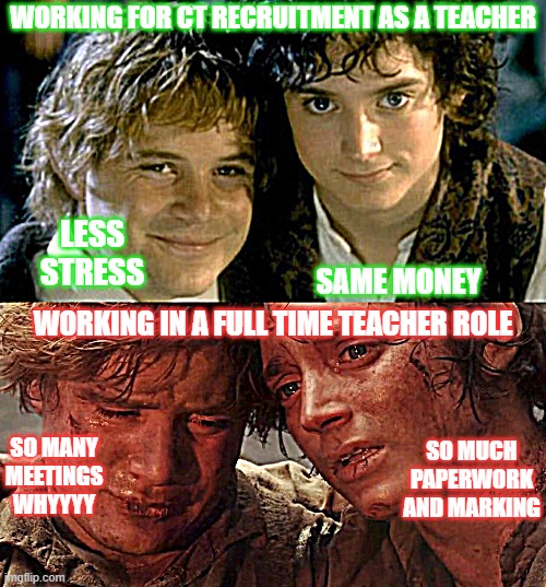 Sam and Frodo Before and After Mt Doom | WORKING FOR CT RECRUITMENT AS A TEACHER; LESS STRESS; SAME MONEY; WORKING IN A FULL TIME TEACHER ROLE; SO MANY MEETINGS WHYYYY; SO MUCH PAPERWORK AND MARKING | image tagged in sam and frodo before and after mt doom | made w/ Imgflip meme maker