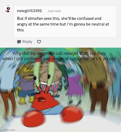 What?! | Why did my sis(yeah I call newgirl that) say thay when I got confused and skeptical cuz I think he's 5 yrs old | image tagged in memes,mr krabs blur meme,deviantart,cookie monster,oh wow are you actually reading these tags | made w/ Imgflip meme maker