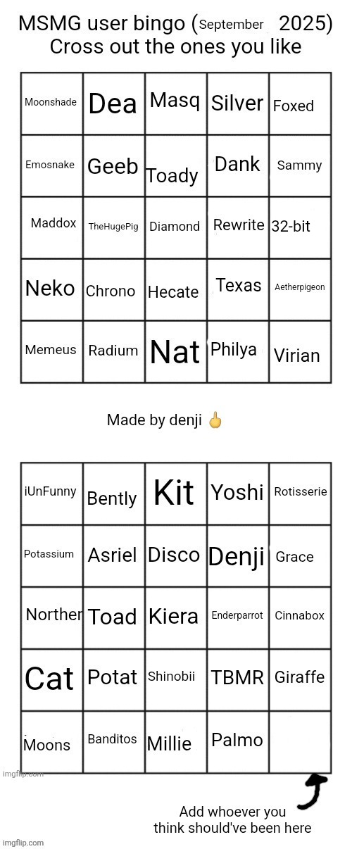 High Quality MSMG user bingo (September 2025) cross the one you like Blank Meme Template