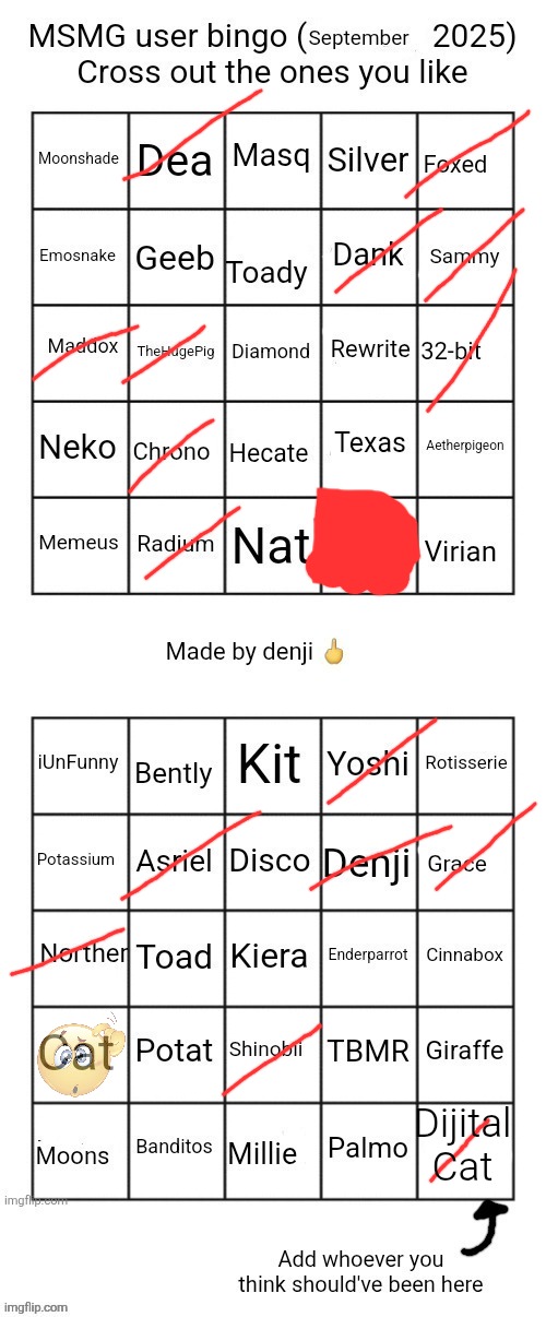MSMG user bingo (September 2025) cross the one you like | Dijital
Cat | image tagged in msmg user bingo september 2025 cross the one you like | made w/ Imgflip meme maker