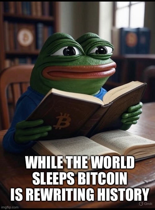 Bitcoin Pepe | WHILE THE WORLD SLEEPS BITCOIN IS REWRITING HISTORY | image tagged in memes | made w/ Imgflip meme maker