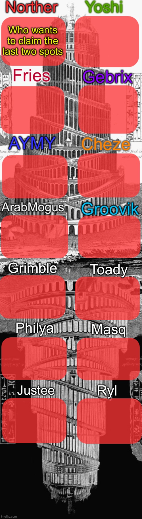 Yes, I‘m creating a temp shared between 16 users | Who wants to claim the last two spots; Grimble; Toady; Philya; Masq; Ryl; Justee | image tagged in tower of babel shared temp | made w/ Imgflip meme maker
