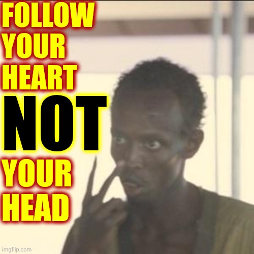 Fill Your Mind With Knowledge Then Follow Your HEART.  Your Mind Stores Information.  Your Heart Knows What To Do With It. | FOLLOW YOUR HEART; NOT; YOUR HEAD | image tagged in memes,look at me,the great awakening,wake up,life is beautiful,life is perfect | made w/ Imgflip meme maker