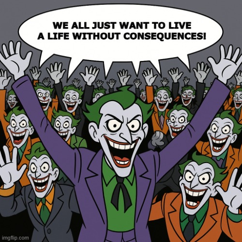 The Left in a nutshell | WE ALL JUST WANT TO LIVE A LIFE WITHOUT CONSEQUENCES! | image tagged in npc joker | made w/ Imgflip meme maker