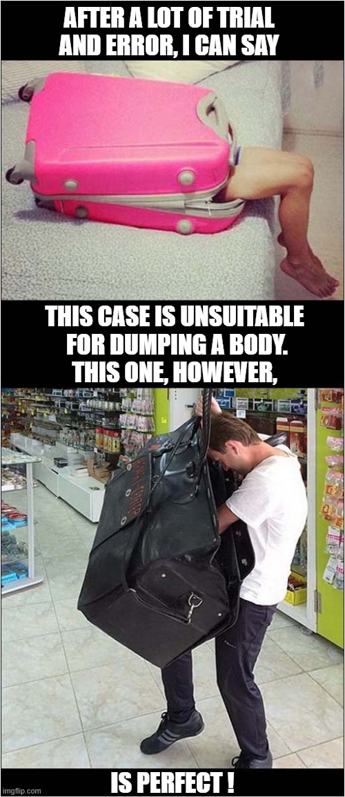 Testing Your Luggage | AFTER A LOT OF TRIAL
AND ERROR, I CAN SAY; THIS CASE IS UNSUITABLE
 FOR DUMPING A BODY.
THIS ONE, HOWEVER, IS PERFECT ! | image tagged in luggage,testing,body dump,death | made w/ Imgflip meme maker
