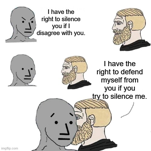 Just saying....Second Amendment, or something. | I have the right to silence you if I disagree with you. I have the right to defend myself from you if you try to silence me. | image tagged in chad approaching npc | made w/ Imgflip meme maker