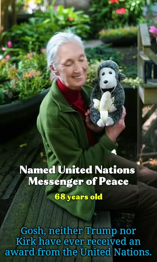 And a WOMAN, while she was still alive...imagine that. | Gosh, neither Trump nor Kirk have ever received an award from the United Nations. | image tagged in jane goodall,empathy is a function of the brain,messenger of peace not of hate | made w/ Imgflip meme maker