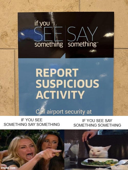 Airport Security Reminds You... | IF YOU SEE SAY SOMETHING SOMETHING; IF YOU SEE SOMETHING SAY SOMETHING | image tagged in you had one job | made w/ Imgflip meme maker