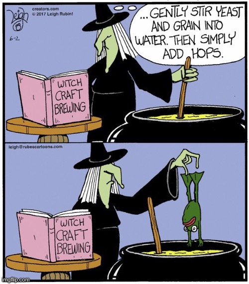Rubes | image tagged in comics,rubes,witch,brewing,stir,add hops | made w/ Imgflip meme maker