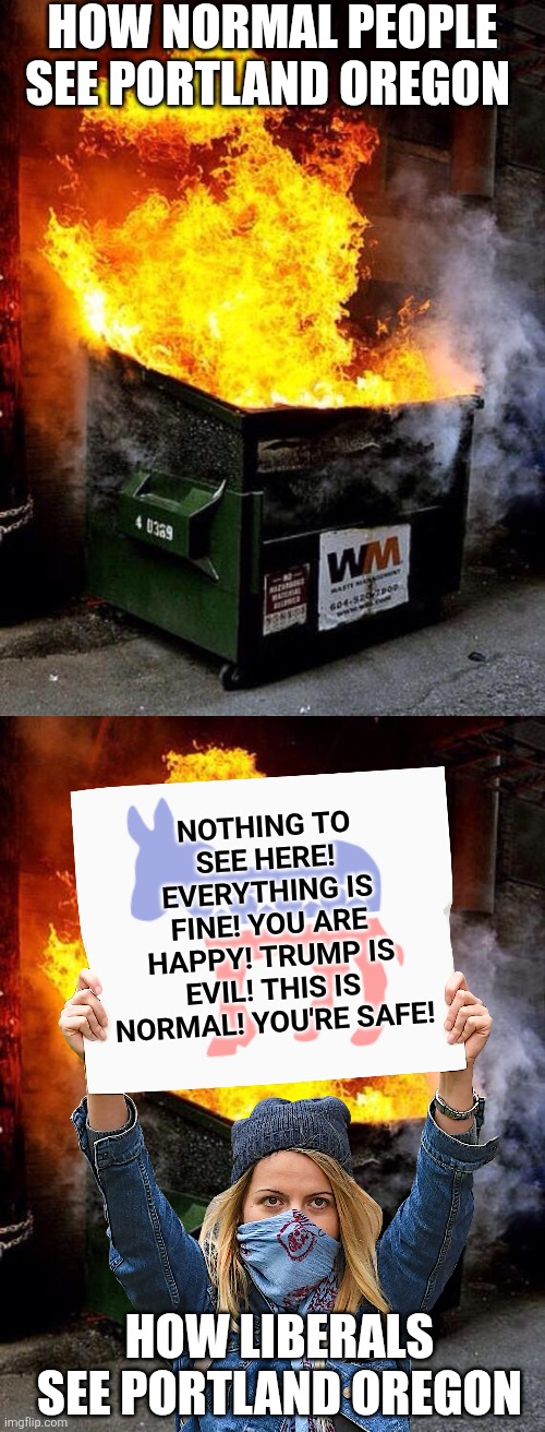 Portland is becoming as safe, peaceful, and prosperous as Port-au-Prince and the Left insists its Disneyland? | HOW NORMAL PEOPLE SEE PORTLAND OREGON; NOTHING TO SEE HERE! EVERYTHING IS FINE! YOU ARE HAPPY! TRUMP IS EVIL! THIS IS NORMAL! YOU'RE SAFE! HOW LIBERALS SEE PORTLAND OREGON | image tagged in dumpster fire,portland,liberal hypocrisy,liberal logic,failure,dangerous | made w/ Imgflip meme maker