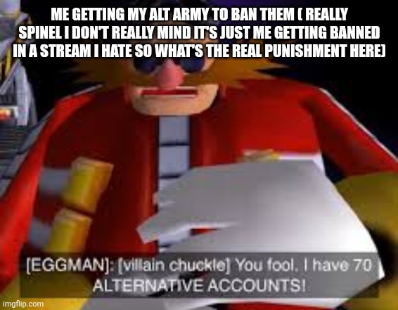 Eggman Alternative Accounts | ME GETTING MY ALT ARMY TO BAN THEM ( REALLY SPINEL I DON'T REALLY MIND IT'S JUST ME GETTING BANNED IN A STREAM I HATE SO WHAT'S THE REAL PUN | image tagged in eggman alternative accounts | made w/ Imgflip meme maker