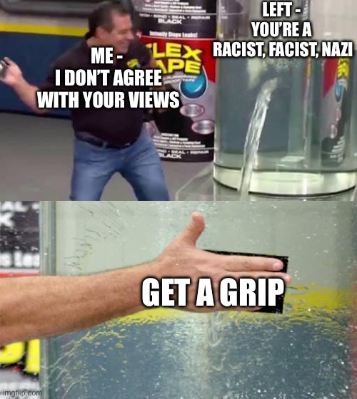 Get a Grip | LEFT - 
YOU’RE A 
RACIST, FACIST, NAZI; ME - 
I DON’T AGREE
WITH YOUR VIEWS; GET A GRIP | image tagged in flex tape | made w/ Imgflip meme maker
