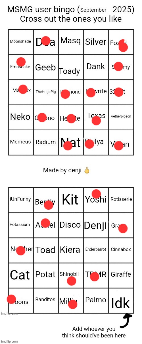 MSMG user bingo (September 2025) cross the one you like | Idk | image tagged in msmg user bingo september 2025 cross the one you like | made w/ Imgflip meme maker