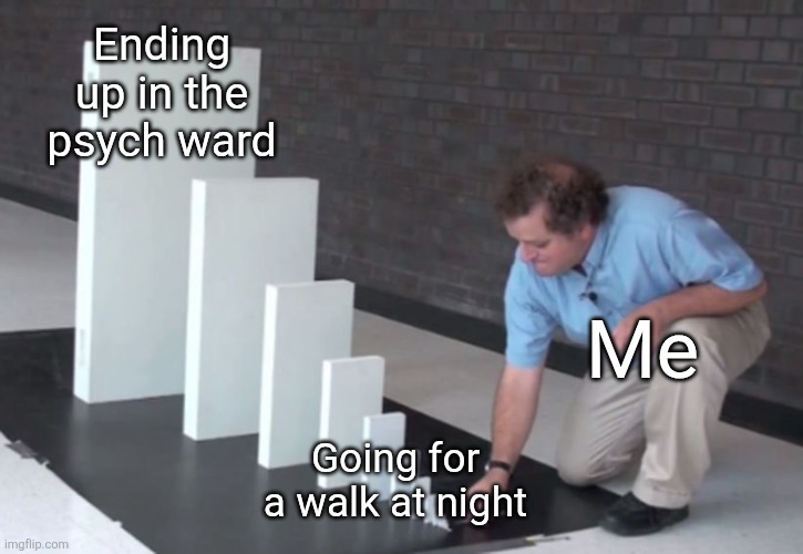 This is a true story unfortunately | Ending up in the psych ward; Me; Going for a walk at night | image tagged in domino effect,psych,walk,psych ward,night,dominos | made w/ Imgflip meme maker