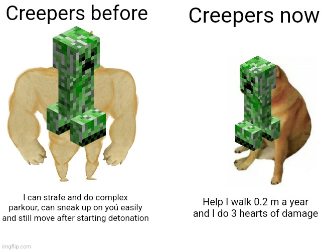 Dem creepers | Creepers before; Creepers now; I can strafe and do complex parkour, can sneak up on yoú easily and still move after starting detonation; Help I walk 0.2 m a year and I do 3 hearts of damage | image tagged in memes,buff doge vs cheems | made w/ Imgflip meme maker