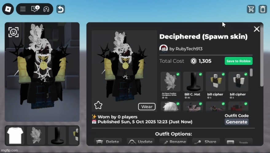 I published the Deciphered skin, but IDK why it keeps deleting the t-shirt, tho (tried it with a different one, it still did it) | image tagged in roblox,forsaken | made w/ Imgflip meme maker
