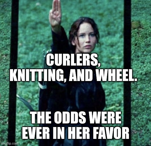 MAY THE ODDS | CURLERS, KNITTING, AND WHEEL. THE ODDS WERE EVER IN HER FAVOR | image tagged in may the odds | made w/ Imgflip meme maker