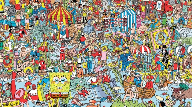 findthe chracters 1 spongebob easy 2: cheems insane 3: deal witb it sunglses imposssible | image tagged in where's waldo | made w/ Imgflip meme maker