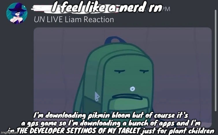UN LIVE Liam reaction | I feel like a nerd rn; I'm downloading pikmin bloom but of course it's a gps game so I'm downloading a bunch of apps and I'm in THE DEVELOPER SETTINGS OF MY TABLET just for plant children | image tagged in un live liam reaction | made w/ Imgflip meme maker