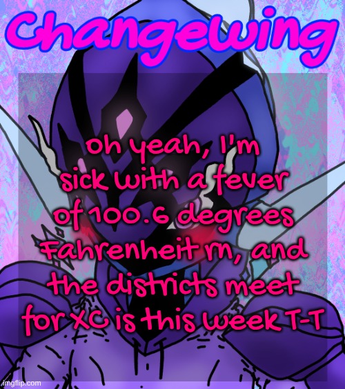 Changewing gayshit template the idk how many atp | oh yeah, I'm sick with a fever of 100.6 degrees Fahrenheit rn, and the districts meet for XC is this week T-T | image tagged in changewing gayshit template the idk how many atp | made w/ Imgflip meme maker