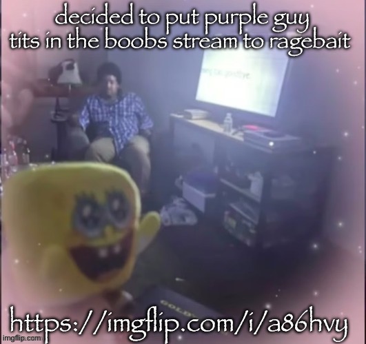 it’s so stupid lmfao | decided to put purple guy tits in the boobs stream to ragebait; https://imgflip.com/i/a86hvy | image tagged in spogbob | made w/ Imgflip meme maker