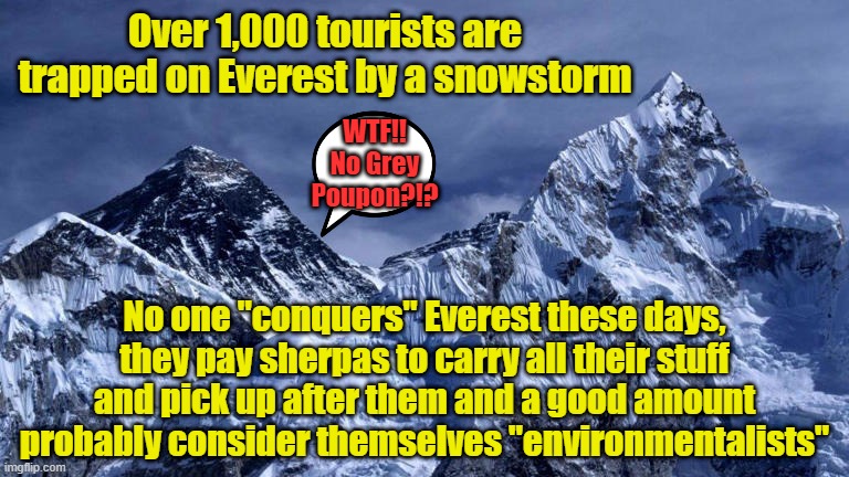 The trash left on that mountain every year by trust fund babies is disgusting | Over 1,000 tourists are trapped on Everest by a snowstorm; WTF!! No Grey Poupon?!? No one "conquers" Everest these days, they pay sherpas to carry all their stuff and pick up after them and a good amount probably consider themselves "environmentalists" | image tagged in mount everest,tourism,litter,challenge | made w/ Imgflip meme maker