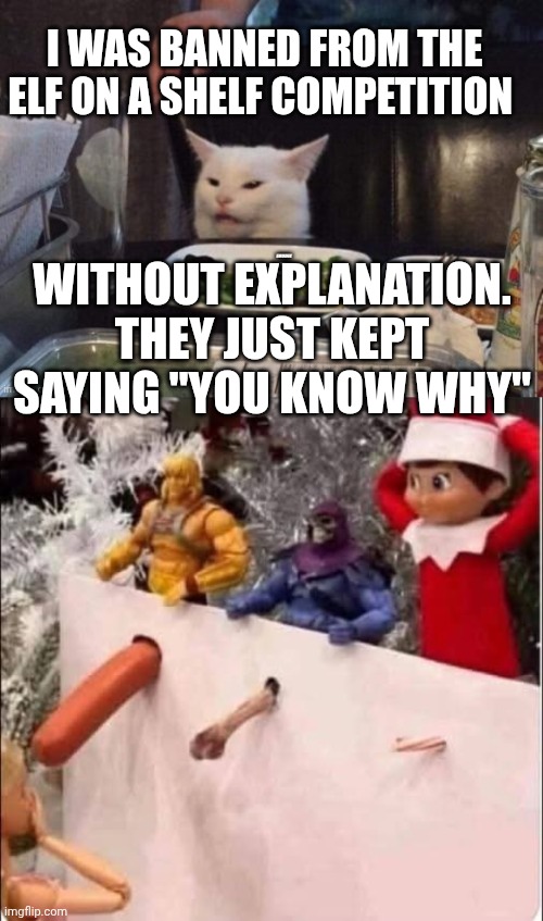 I WAS BANNED FROM THE ELF ON A SHELF COMPETITION; WITHOUT EXPLANATION. THEY JUST KEPT SAYING "YOU KNOW WHY" | image tagged in smudge that darn cat | made w/ Imgflip meme maker