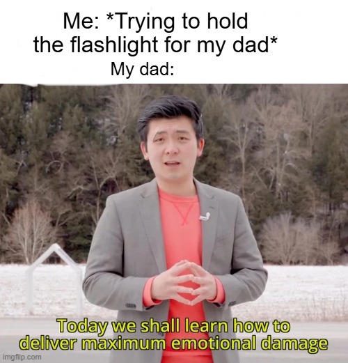 Suddenly, he starts making up a new swear word every four seconds | Me: *Trying to hold the flashlight for my dad*; My dad: | image tagged in today we will learn how to deal maximum emotional damage,memes,holding flashlight for dad,funny,relatable | made w/ Imgflip meme maker