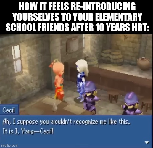 Relatable | HOW IT FEELS RE-INTRODUCING YOURSELVES TO YOUR ELEMENTARY SCHOOL FRIENDS AFTER 10 YEARS HRT: | image tagged in hrt,funny,transsexual,gaming,final fantasy,gender | made w/ Imgflip meme maker